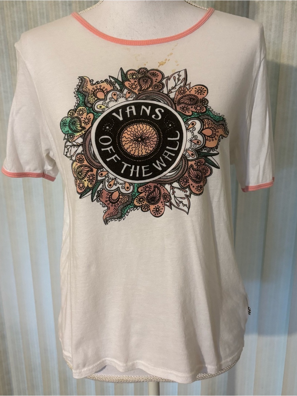 Vans 'Off The Wall' Floral Mandala Logo Ringer Tee in White with Coral Trim